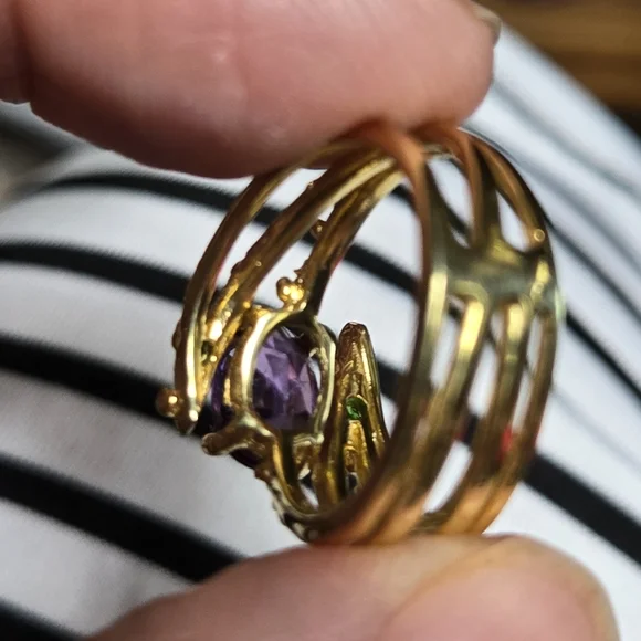 Amethyst cushion cut 5k & chrome diopside sterling & gold ring sz6.5 - Picture 7 of 8